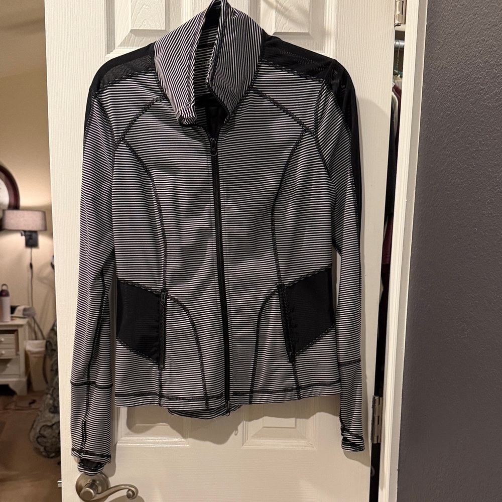 Zella Black and White Striped Zip-Up Utility Jacket